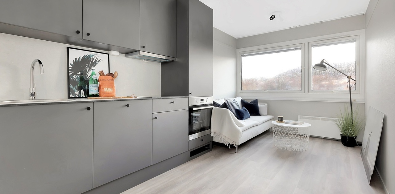Flott 2-roms leilighet med gode lysforhold og et moderne kjøkken som inkluderer kjøleskap, komfyr, koketopp og oppvaskmaskin
